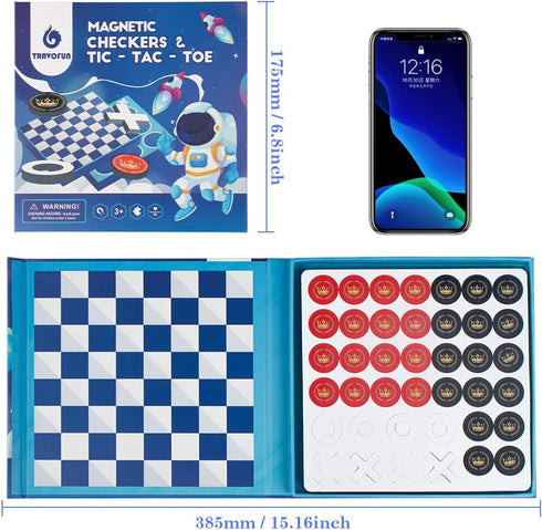 2 in 1 Travel Checkers Sets, Magnetic Foam Pieces Board Game for Kids and Family (Checkers & Tic-Tac-Toe)