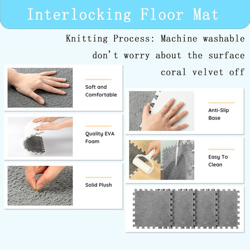 12 16 Gangdise PCS Thickened Plush Interlocking Floor Mat Fluffy Square Tiles EVA Foam Matswith Edgings Soft Anti-Slip