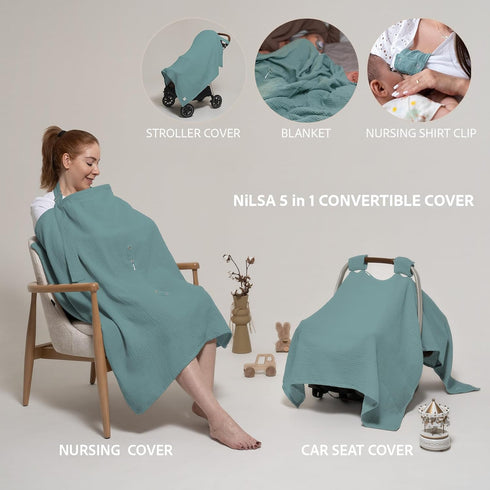 Nilsa 5-in-1 100% Muslin Nursing Cover up for Breastfeeding & Baby Car Seat Cover - Breathable Breastfeeding Cover