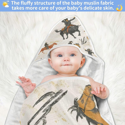 WELLDAY 30x30 Inch Western Cowboy Hooded Baby Bath Towels, Cotton Soft Hooded Towel for Babies - Absorbent Baby Bath