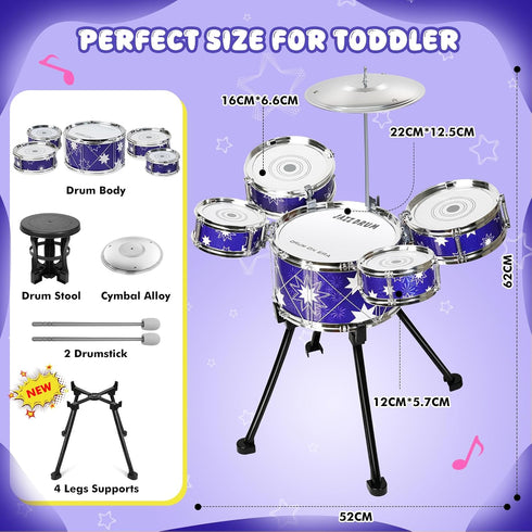 Drmukie Set 2-4 3 4 5 Upgraded Drum for Toddler Toy Ages Kids Jazz Drums Kit with Stool Musical Instrument Toys