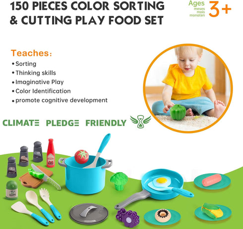 150Pcs Playset, 2Pack Kitchen Toddlers Pretend Cooking Cookware Accessories, Food, Picnic Blanket, Fruits, Veges