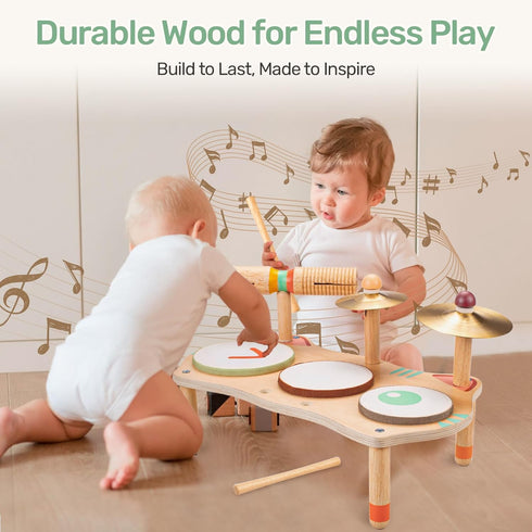 Set WINGYZ Kids Drum for Toddlers, All-in-One Montessori Musical Instruments - Wooden Music Toys for Baby, Neutral