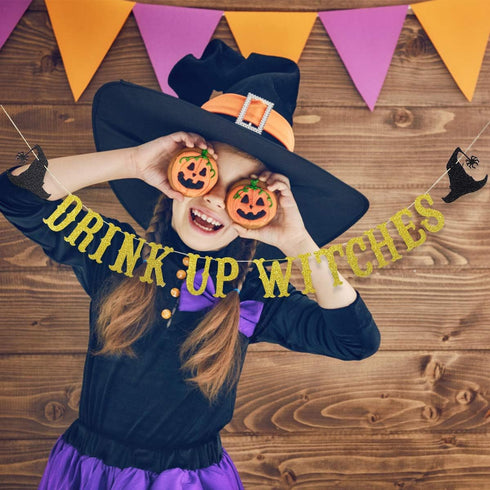 Halloween Gold Glitter Drink Up Witches Banner, Witches Party Decorations for Haunted Mansion