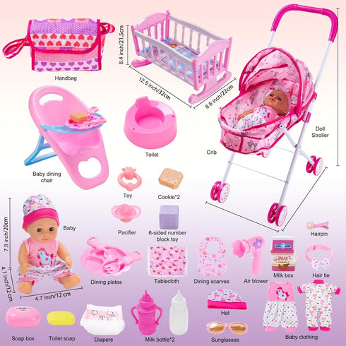 Set 12.5" 28 3-5 4-6 5-7 Baby Doll Stroller Play with Baby Dolls, Pcs Pretend Role Play Doll Accessories Including