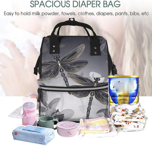 FHEDVBN Backpack Mummy Backpacks Daypack Dragonflies Grey Diaper Bag for Women Multifunction Waterproof for Mom Dad