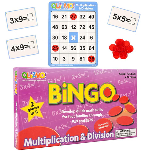 QUIZMO Bingo Style Math Game - Multiplication & Division - 2 Game Modes for Ages 8+ - Teach Basic Mathematics