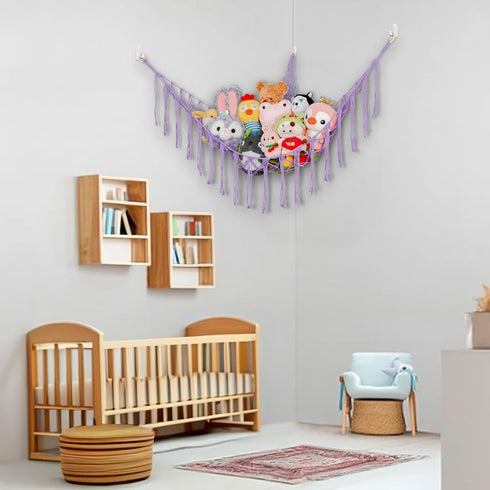 Boho Stuffed Animals Net Hammock, 55 Inch Toy Storage Corner Hanging Net Holder, Purple