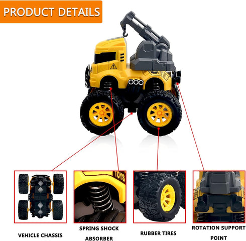 Construction Truck Toys - 4 Pack Excavator, Mixer, Crane, Dump Trucks, Push and Go Friction Powered Cars