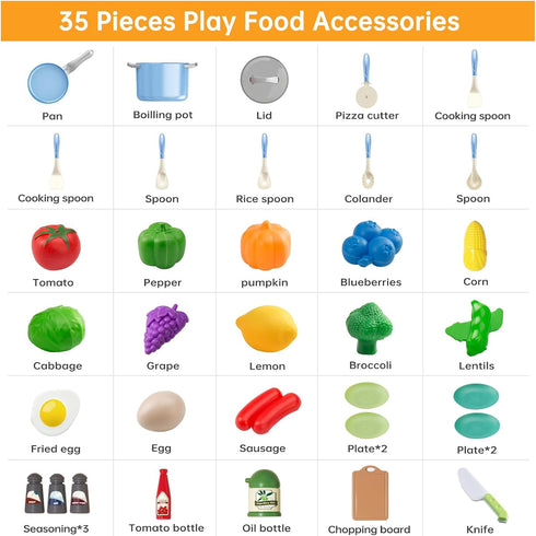 35Pcs Kids Kitchen Toy Accessories, Toddler Pretend Cooking Playset with Play Pots and Pans, Utensils Cookware Toys, Play Food Set, Toy Vegetables, Learning Gift for Girls Boys (Blue)