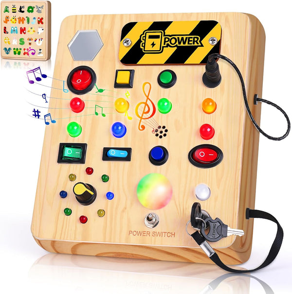 TINTECUSA Busy Board with LED Light, Wooden Sensory Toys for Toddler, Montessori