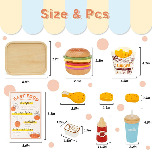 Set Playset WOODENFUN Pretend Play Food for Kids,Wooden Fast Food with Tray Hamburger Cola Fries Combo,Play Kitchen