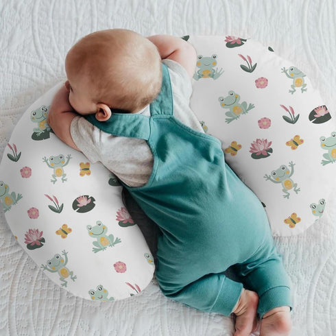 Cute Frogs Family Baby Nursing Pillow Covers for Boy Girl Green Frogs Butterflies Lilies Pond Nursery Pillow Slipcover