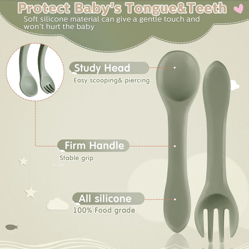 6 Pieces Silicone Baby Feeding Forks and Spoons Set, Hot Safety First Stage Self Feeding Supplies for 6 Months+