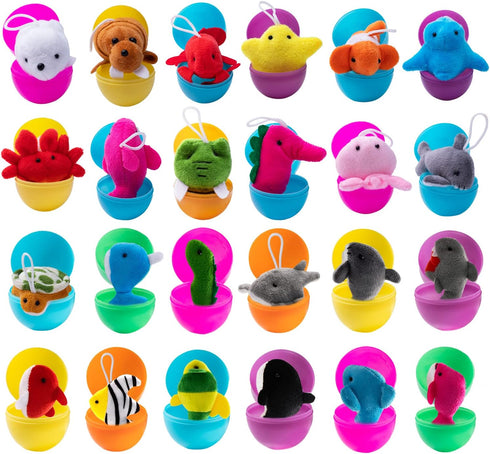 24 Set, JOYIN Pcs Prefilled Easter Eggs with Sea Animal Plush Toy Mini Ocean Toys Creatures Stuffed Keychain for Kids