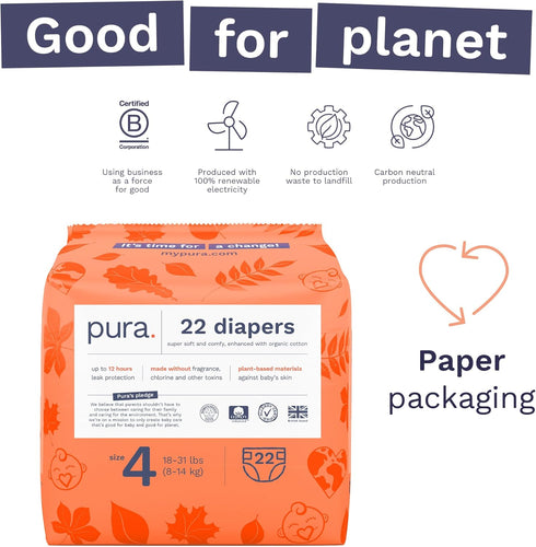 4 (18-31lbs) 12 Packaging, 3 Packs 22 (66 Pura Size Eco-Friendly Diapers TCF Hypoallergenic, Soft Organic Cotton
