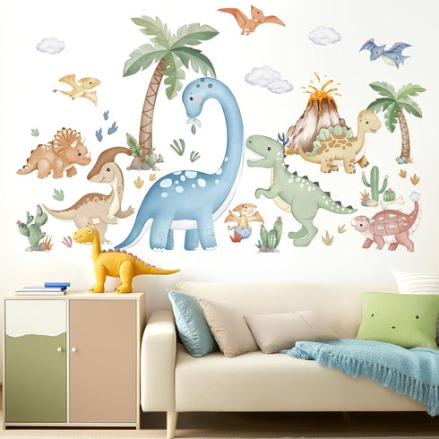 wondever Large Boho Dinosaur Wall Stickers Watercolor Dino Tropical Plants Volcano Peel and Stick Wall Art Decals