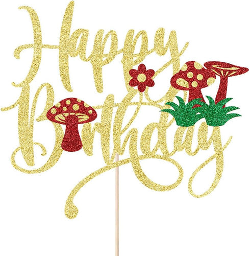Mushroom Cake Topper- Glitter Mushroom Birthday Cake Toppers,Mushrooms and flowers in spring,Baby Shower Boy Girl
