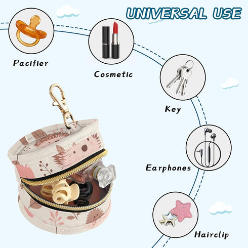 YETTASBIN Hedgehog Portable Pacifier Holder Case with Metal Hook Buckle & Zipper for Diaper Bag and Stroller, Versatile