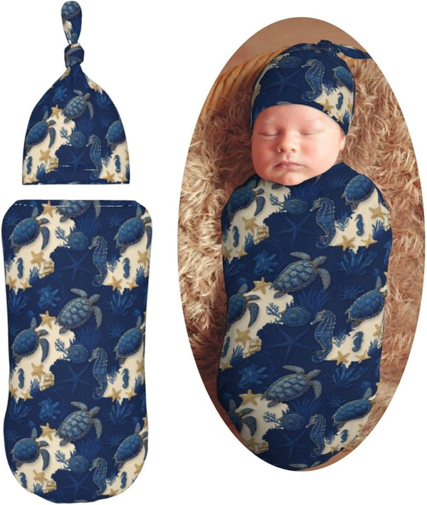 Turtle Starfish Seahorse Newborn Swaddle Blankets Hat Sets Soft Baby Receiving Blanket