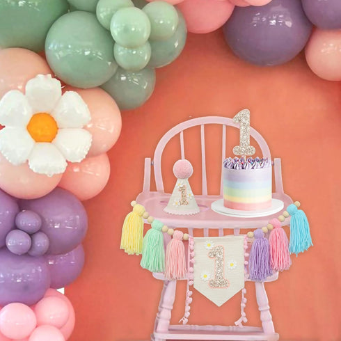 Daisy1st 1st JUIIZAY Baby First Birthday Party Decorations Macaron High Chair Banner Crown Cake Topper Birthday