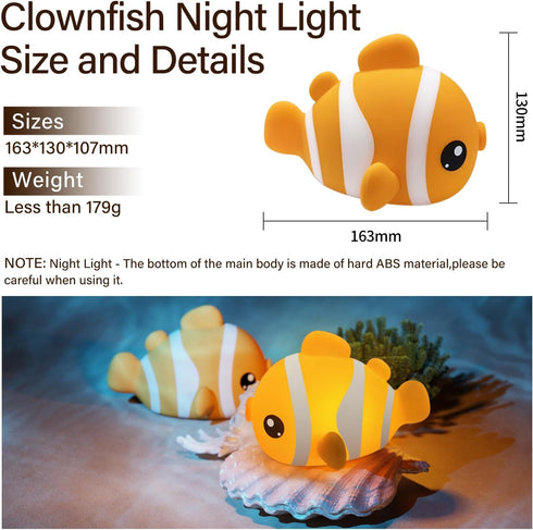 3-Level Cute Clownfish Night Light - Silicone Pat Pat Lamp with Brightness Adjustment, Timer Function, Rechargeable