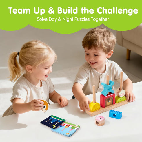 1-3 24 1 2 3 hahaland Montessori Wooden Brain Building Block for Toddler Stacking Toy Day & Night Puzzle Game