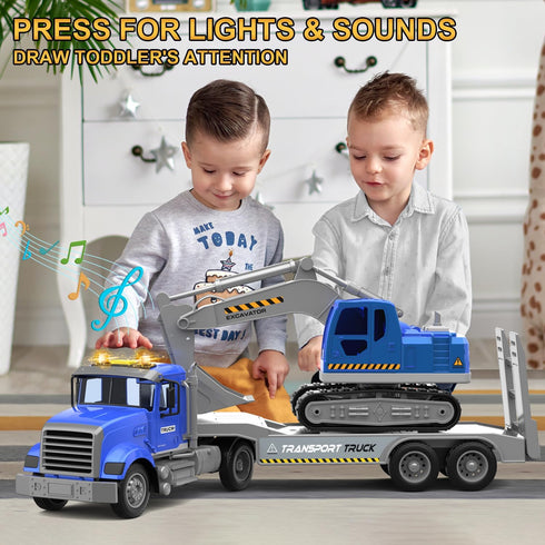DOWELLIN 22" 3 4 5 6 7 8 Transports Trucks Kids Toys, Large Semi Truck Toy Carrier and Excavator Truck