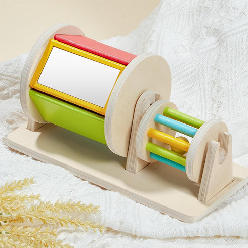 6-12 6-12 1 Toyssa Wooden Montessori Toys for Babies months with Rainbow Color and Mirror Spinning Drum/Baby Shape