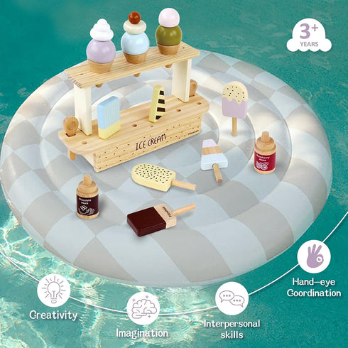 Wooden Ice Cream Toy Set, Pretend Play Food Toys, Ice Cream Counter for Kids, Kitchen Accessories for Toddlers