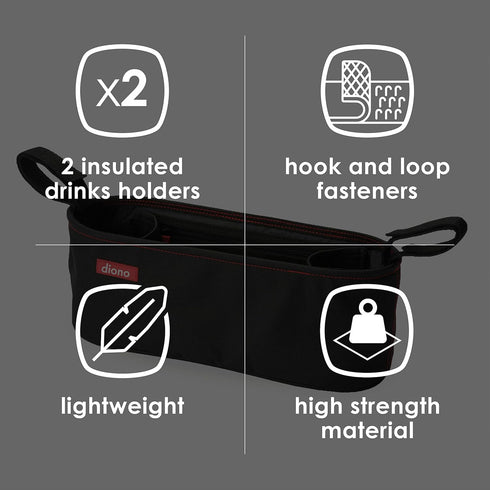 Diono Buggy Buddy Universal Stroller Organizer, Black, with Cup Holders and Zippered Pockets