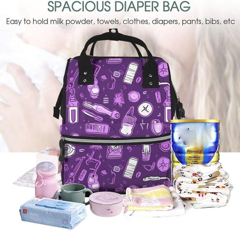 QSMJKLD Backpack Mommy Daypack Nurse Pattern Purple Diaper Bag with Changing Pad, Pacifier Holder - Multifunction
