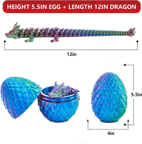 3D Printed Dragon Egg Toy - 12" Crystal Articulated Dragon with Eyes, Collectible Decor