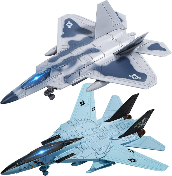 Double Fighter Jet Toy, F14 & F22 Diecast Planes with Lights &