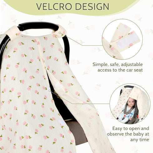 Summer Muslin Car Seat Cover Baby Girls Boys, Cotton Baby Car Seat Cover for Carseat, Nursing Pillow Case for Newborn