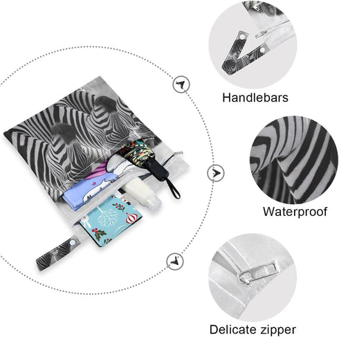 Gravopti Set 2, Zebra Pattern Wet Dry Bags of Reusable Waterproof Organizer with Zipper Pockets for Baby Diapers