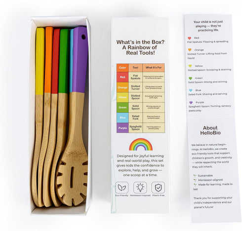 Set 6-Piece 2+ Rainbow Bamboo Kitchen Utensil for Kids Montessori-Inspired Real Cooking Tools | Ages | Natural Bamboo |