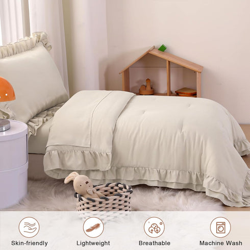 Set Set, 4 Set Wowelife Toddler Comforter for Girls, Pale Beige Toddler Bedding Pieces Double Ruffles Soft