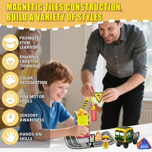 Aukney Set 2 3+ Magnetic Tiles Magnetic Construction with Dolls, Cars, Train, Train Tracks, Building Sensory Toys