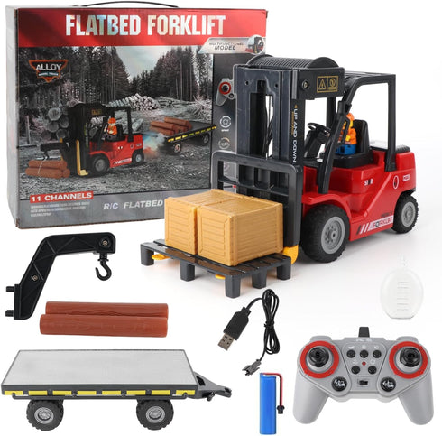 Set 11 6+ RC Forklift with Trailer, Kids Forklift Construction Toys with Lift Fork & Hook & Flatbed, Channel Kids