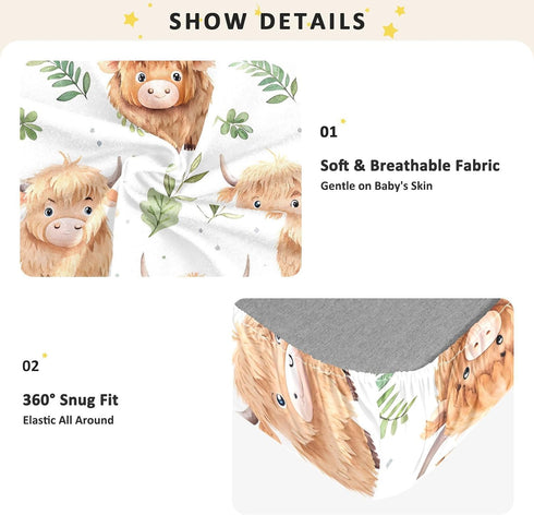 CZXW 52" 28" Cute Highland Calf Crib Sheets Fitted x Natural Cotton Soft & Breathable for Baby Crib Mattress