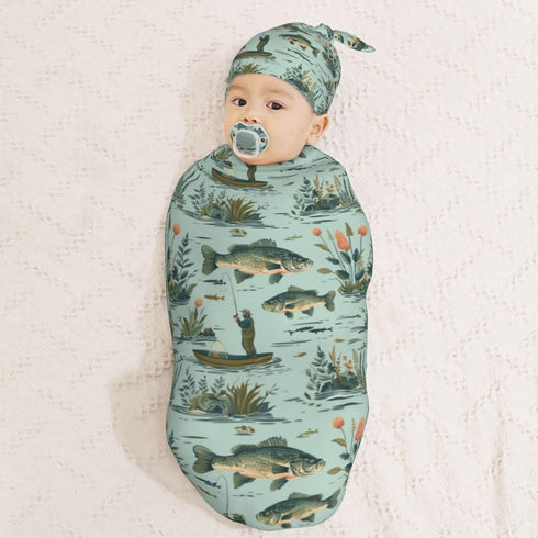 Sets Fisher and Bass Fishes Newborn Swaddle Blankets Hat Soft Baby Receiving Blanket Swaddle Sack for Baby Shower