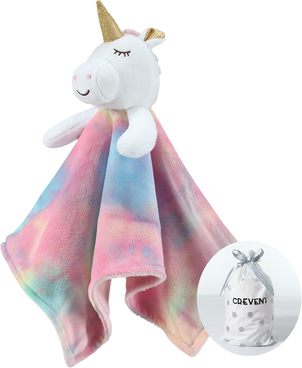 CREVENT Cozy Plush Baby Security Blanket Loveys | Unicorn with Minky Dot Front & Backing | Baby Girls Gift