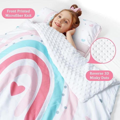 PHF Toddler Nap Mat with Removable Pillow and Minky Fleece Blanket, 50"x20"x2" Rollup Design for Kids