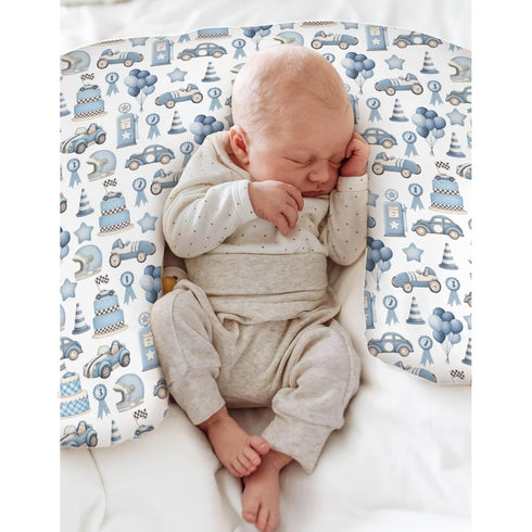 Watercolor Blue Racing Baby Nursing Pillow Covers for Boy Blue Racecar Balloon Stars Cake Nursing Pillowcase