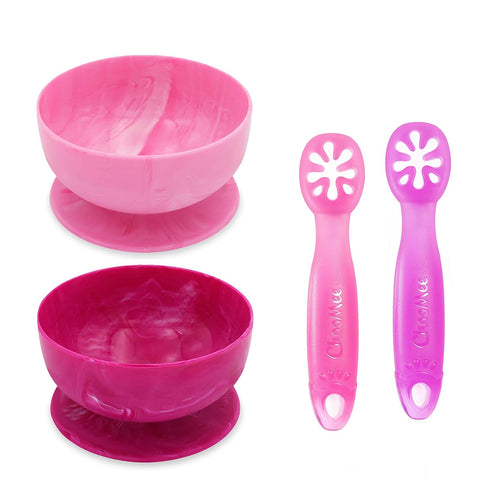 ChooMee Baby Suction Bowls & FlexiDip Learning Utensil Set, 4 CT Small, Light & Dark Pink by ChooMee