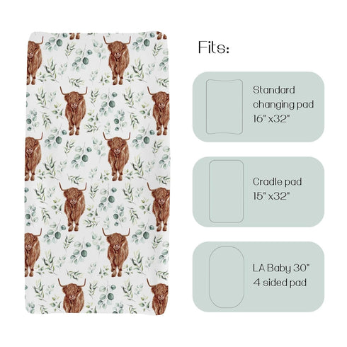 Changing Pad Cover for Baby Girl Boy, Highland Cow Eucalyptus Leaf, Soft Stretchy Safe Snug Fitted Diaper Change Table