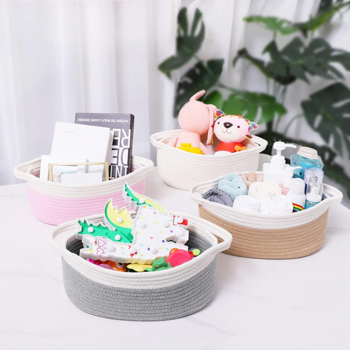 ABenkle Cute Small Woven Basket with Handles, 12"x8"x5" Rope Storage Basket for Cat and Dog Toys, White