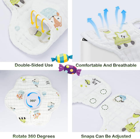 8-Pack Organic Cotton Baby Bibs - 360° Rotate, Adjustable with Snaps, Super Soft & Absorbent for Teething and Drooling,