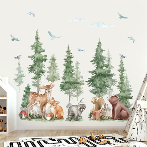 wondever Mountain Tree Wall Stickers Large Pine Tree Forest Animal Bear Fox Peel and Stick Wall Art Decals for Kids